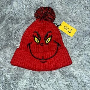 Red Grinch Beanie with Black & Red Pom Pom